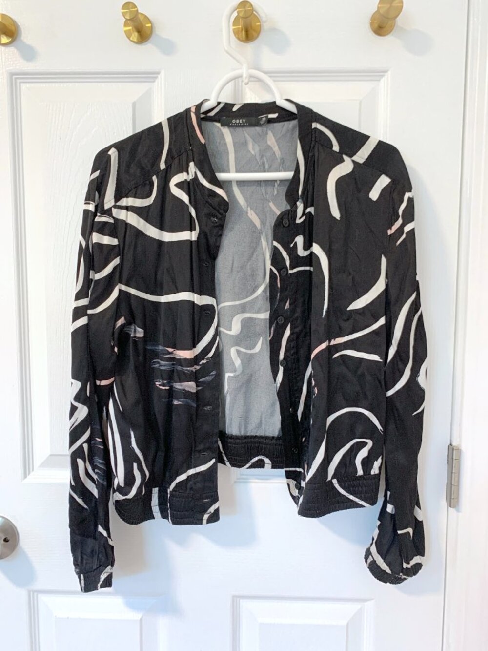 Obey black & white abstract lightweight satin bomber jacket XS